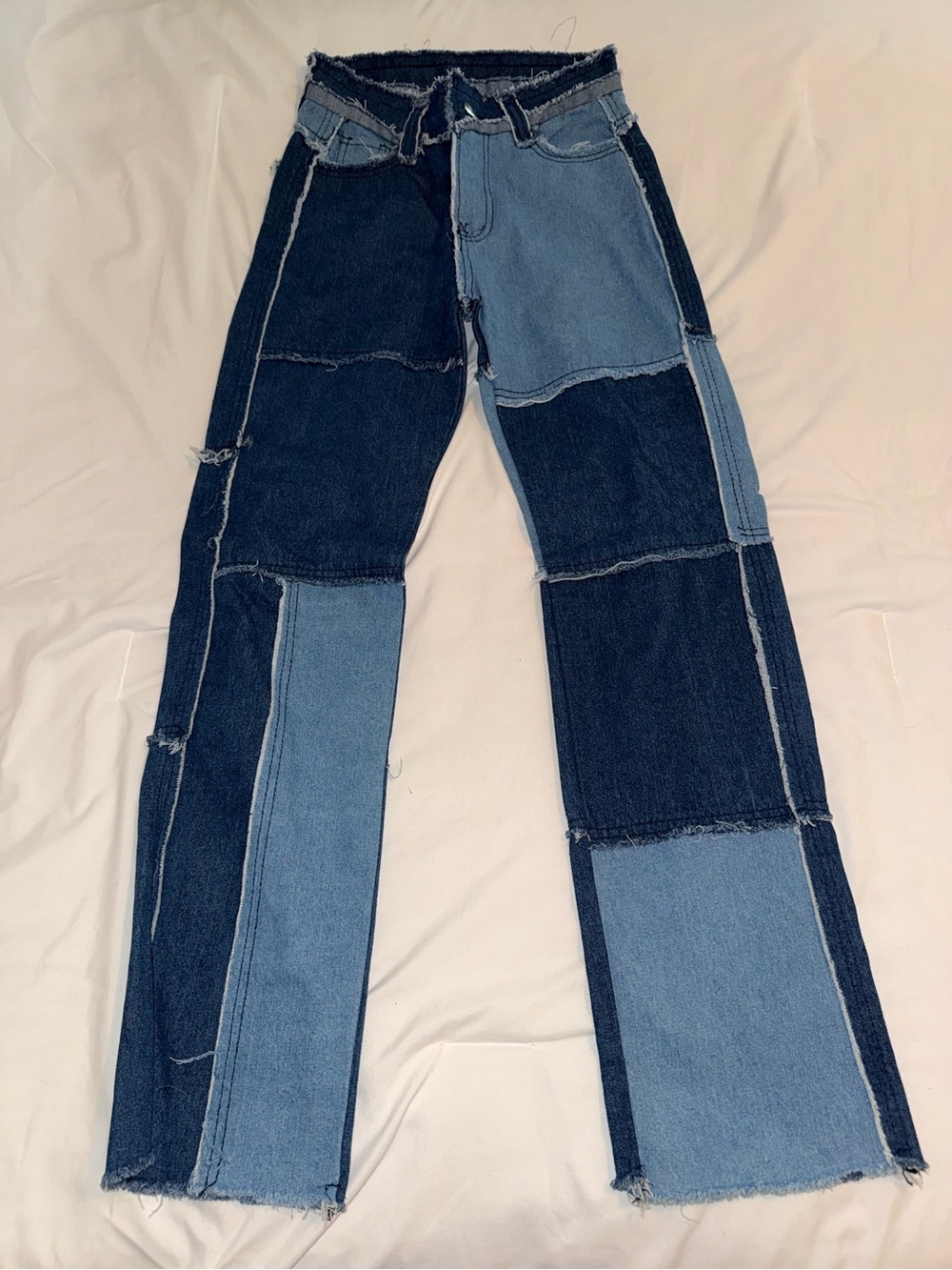 Thrifted Patchwork Two-Tone Blue Jeans with Frayed Details